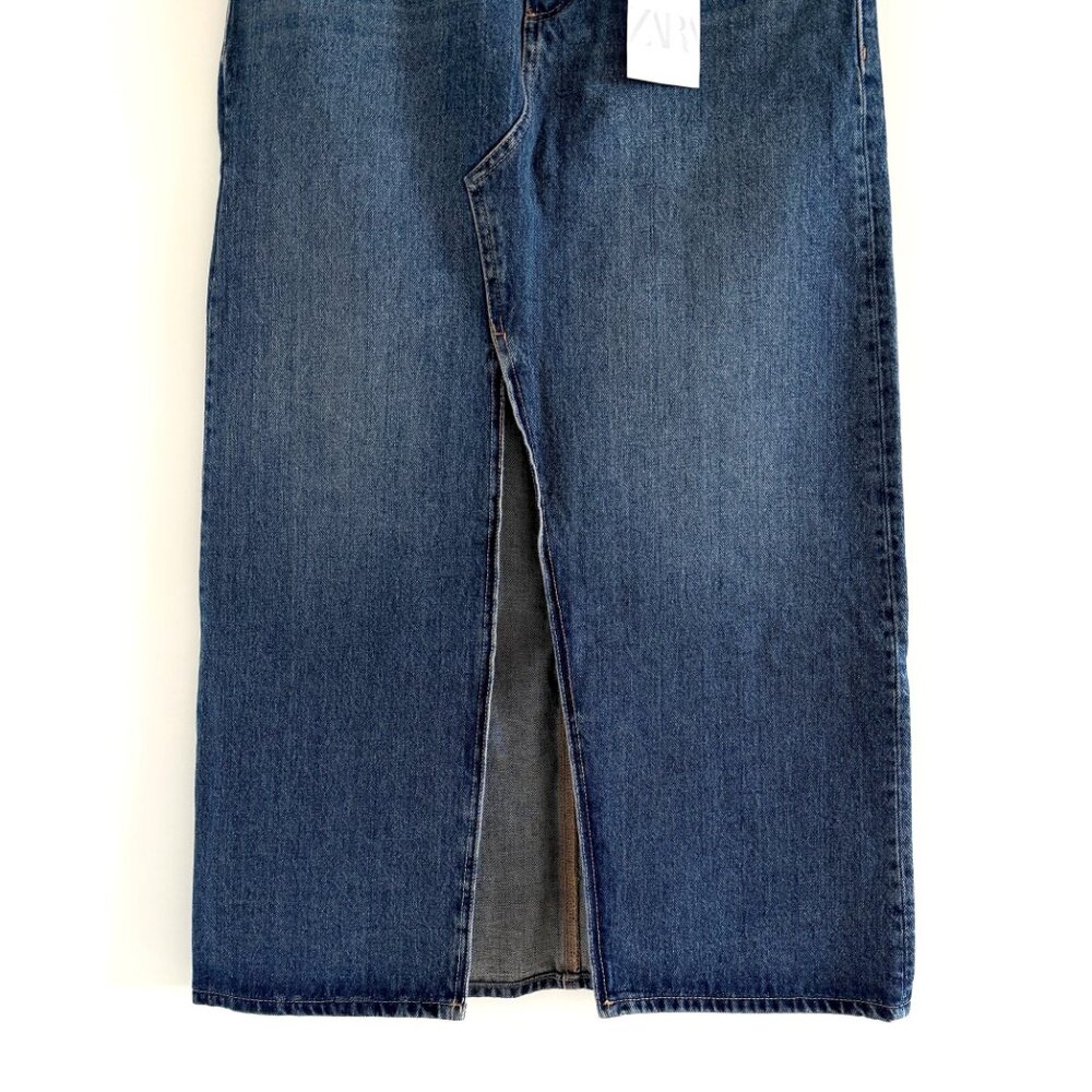 New Zara Long Blue Denim Maxi Skirt Front Slit Skirt Size Small - Picture 5 of 9